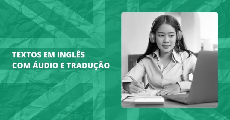 Mulher japonesa estudando textos em inglês com áudio e tradução